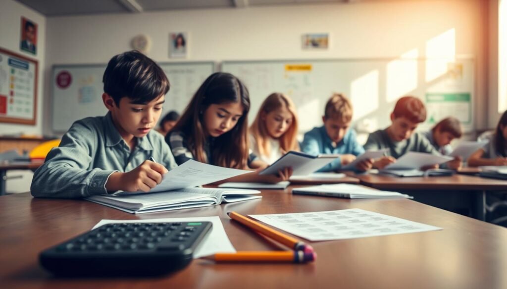 A classroom setting with a group of students taking a standardized academic test. The foreground features a desk with examination papers, pencils, and a calculator, creating a sense of focus and concentration. The middle ground shows students intently working on their tests, their expressions conveying the gravity of the situation. The background depicts a well-lit, modern classroom with whiteboards, educational posters, and a sense of scholarly atmosphere. The lighting is warm and natural, casting a soft glow over the scene. The overall mood is one of academic rigor and the importance of evaluating students' abilities.