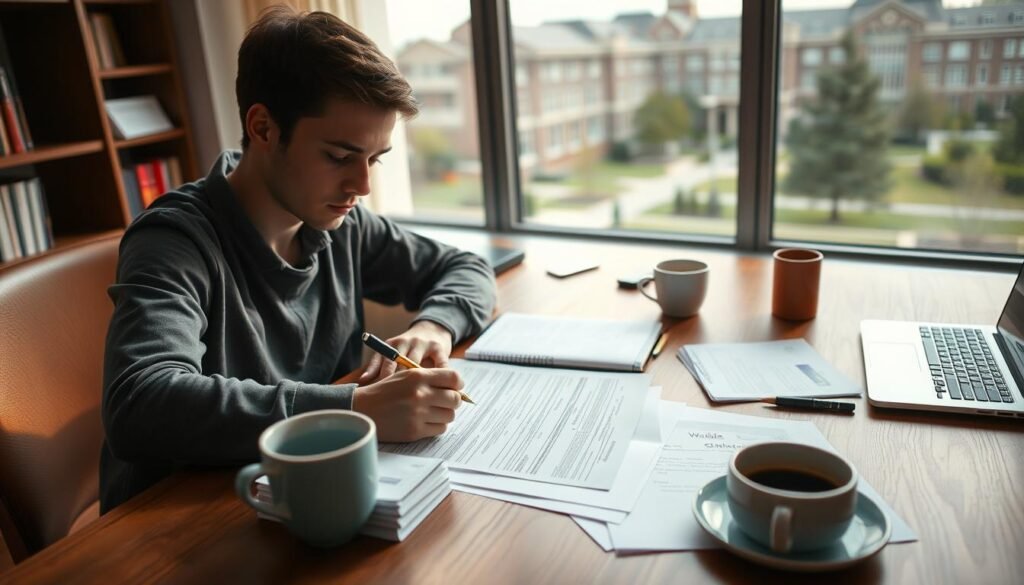A college student carefully fills out an official scholarship application form on a wooden desk, surrounded by a stack of documents, a laptop, and a cup of coffee. The lighting is warm and focused, creating a serious yet focused atmosphere. In the background, a university campus is visible through a window, hinting at the academic setting. The scene conveys the diligence and dedication required in the scholarship application process.