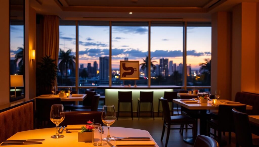 A cozy Miami restaurant interior, dimly lit with warm, ambient lighting. In the foreground, a well-set table with modern, minimalist place settings and a small floral centerpiece. The middle ground features a sleek, contemporary bar area with a subtle Miami-inspired art piece on the wall. The background showcases floor-to-ceiling windows offering a panoramic view of the vibrant Miami skyline at dusk, with the silhouettes of palm trees framing the scene. An air of sophisticated elegance and a laidback, yet refined atmosphere pervades the space, inviting diners to savor a memorable dining experience.