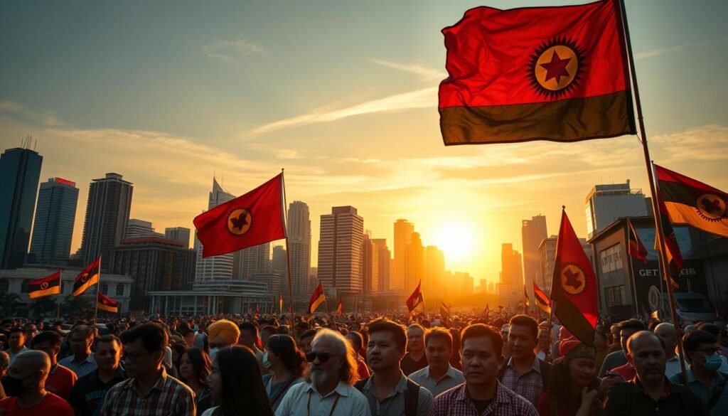 A crowded city skyline, its towering skyscrapers and bustling streets casting long shadows as the sun dips below the horizon. In the foreground, a group of diverse individuals stand united, their faces reflecting a mix of determination and unease. Flags and banners emblazoned with symbols of identity and political movements sway in the evening breeze, creating a palpable sense of tension and conflict. The scene is bathed in a warm, golden light, hinting at the complex social and political dynamics at play. The image captures the essence of "Dampak Politik Identitas," a powerful visual representation of the intersection between identity, politics, and the built environment.