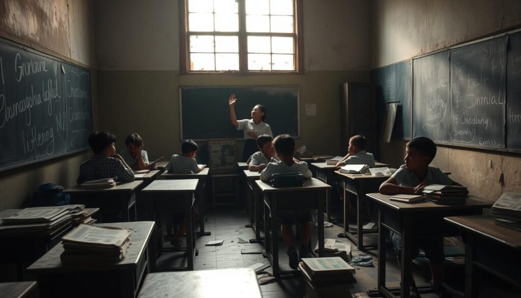 A dimly lit classroom, desks in disarray, chalk-stained blackboards, and tattered textbooks strewn about. Students sit huddled, their faces etched with concern, as a lone teacher struggles to maintain order, their frustration palpable. The once-vibrant colors of the room have faded, reflecting the dwindling resources and the weight of an inconsistent educational policy. Sunlight filters through the grimy windows, casting a somber, almost melancholic atmosphere. This scene, a stark contrast to the promise of a thriving education system, encapsulates the impact of the "Dampak Anggaran Pendidikan" in Indonesia.