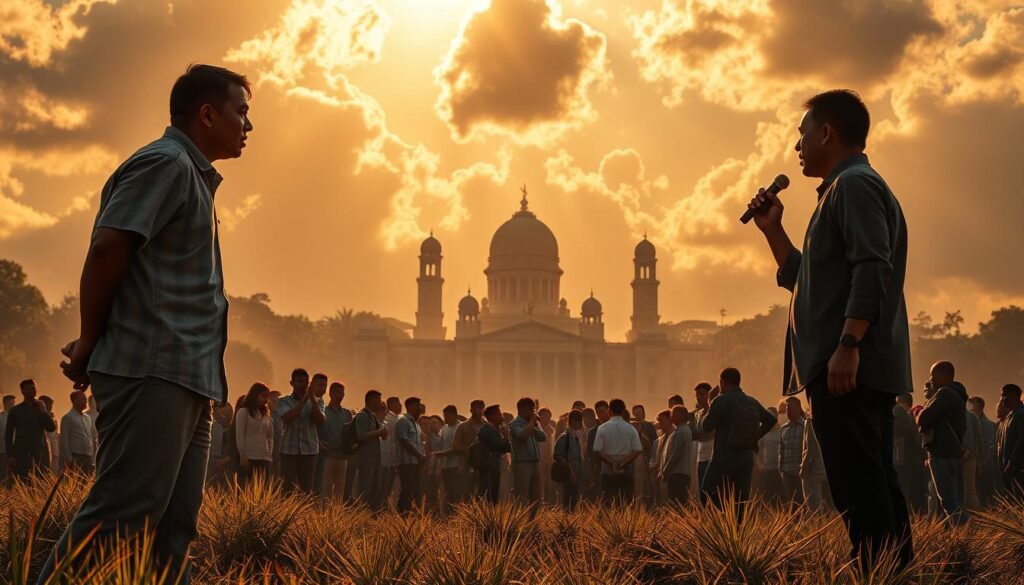 A dramatic landscape depicting the debate over the 2025 high school track reform in Indonesia. In the foreground, two figures stand opposed, one passionately arguing for the changes, the other vehemently against. The middle ground shows a mix of students, teachers, and administrators, some engaged in heated discussion, others observing pensively. In the background, the silhouettes of government buildings loom, symbolizing the policy decisions at the heart of the controversy. Warm sunlight filters through clouds, casting an air of intensity and gravity over the scene. High-contrast lighting accentuates the clash of perspectives, while a slightly tilted camera angle suggests the complexity and tension of the issue.