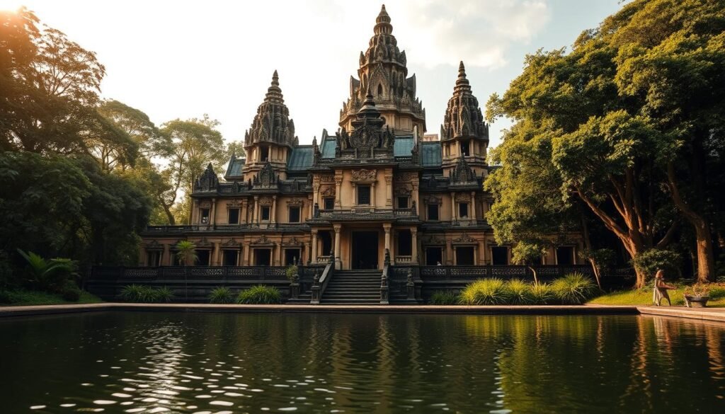 A grand, ancient temple situated amidst lush, verdant foliage, its towering spires reaching towards the heavens. Intricate carvings and ornate details adorn the weathered, sun-kissed stone walls, telling the timeless story of Ratu Balqis's legendary reign. Soft, golden light filters through the canopy of trees, casting a warm, reverent glow upon the majestic structure. In the foreground, a tranquil reflecting pool mirrors the temple's imposing facade, its still waters rippling gently. The overall scene exudes a sense of timeless grandeur and the enduring legacy of this remarkable queen, inspiring awe and wonder in all who behold it.