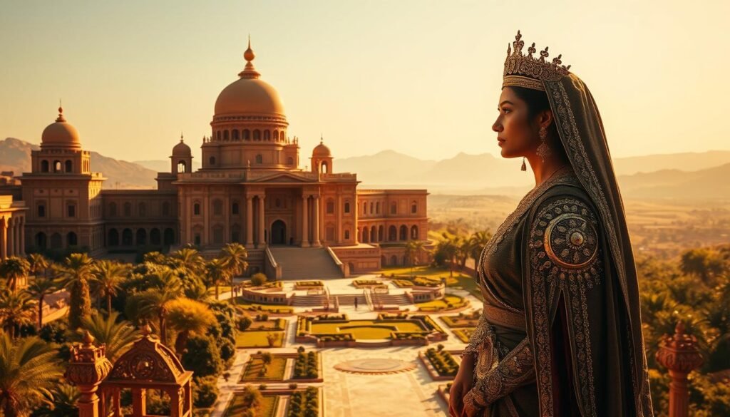A grand, majestic palace set against a lush, verdant landscape, bathed in warm, golden sunlight. In the foreground, a regal, bejeweled figure stands tall and proud - Queen Balqis, ruler of the ancient kingdom of Sheba, gazing thoughtfully into the distance. Her intricate, ornate robes and headdress glimmer in the light, conveying a sense of power and elegance. In the middle ground, ornate archways and ornamental gardens surround the palace, hinting at the grandeur and wealth of her domain. The background features distant, rolling hills and a clear, azure sky, evoking a sense of timelessness and historical significance. The overall scene exudes a captivating blend of regality, mystique, and a reverence for the storied past.