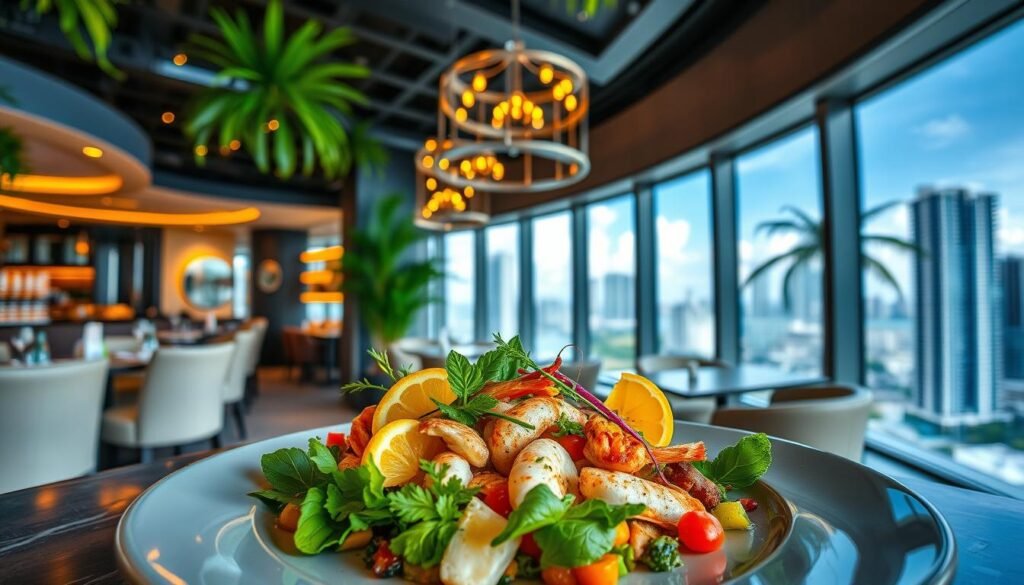 A lush and vibrant scene of a unique Miami dining experience. In the foreground, a visually stunning and artfully plated dish featuring a medley of fresh seafood, tropical fruits, and vibrant herbs, illuminated by soft, warm lighting. In the middle ground, the stylish and modern interior of a Miami restaurant, with sleek furnishings, floor-to-ceiling windows offering a view of the bustling city outside. In the background, the iconic skyline of Miami, with its towering skyscrapers and palm trees swaying in the gentle ocean breeze, creating a captivating atmosphere of cosmopolitan elegance and local flair.