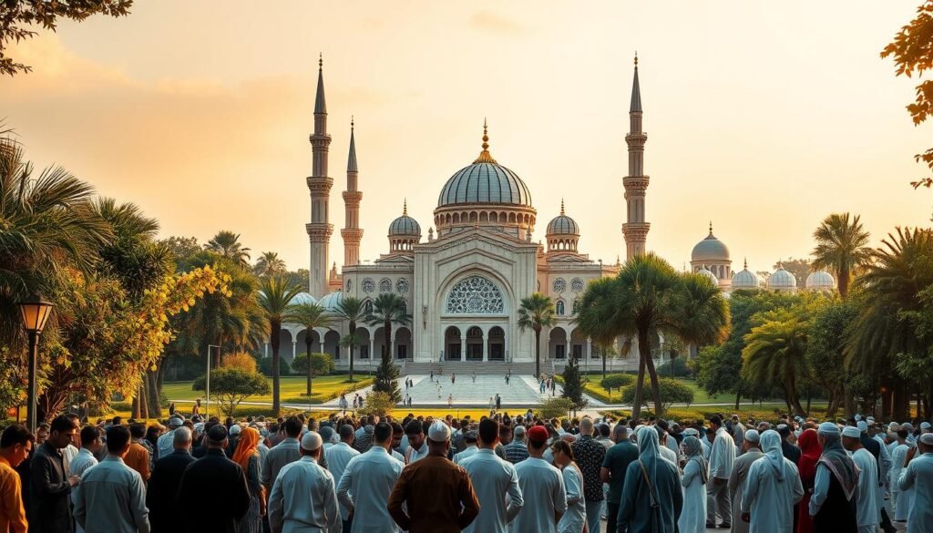 A lush, verdant campus with a grand, ornate mosque at its center, surrounded by modern Islamic architecture, including domes, minarets, and intricate calligraphic designs. In the foreground, students in traditional Islamic dress gather, engaged in deep discussion and contemplation. The scene is bathed in warm, golden light, conveying a sense of spiritual enlightenment and intellectual rigor. The overall atmosphere is one of reverence, tradition, and a steadfast commitment to the pursuit of Islamic knowledge and faith.