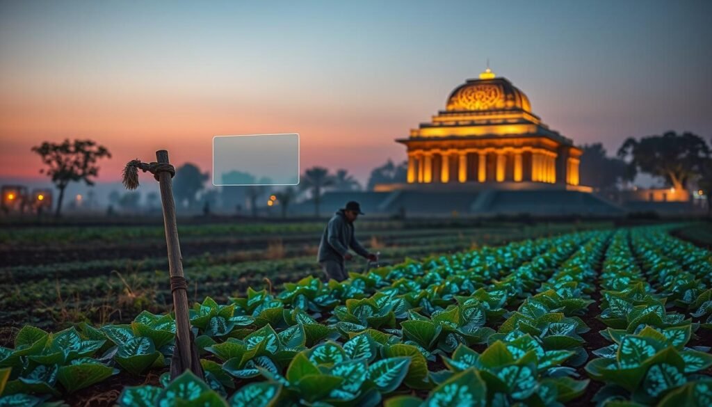 A rural landscape in twilight, where a farmer tends to a lush digital farm. In the foreground, a weathered wooden plow is juxtaposed with a floating holographic display, seamlessly blending tradition and technology. The middle ground features rows of digitally augmented crops, their leaves glowing with bioluminescent patterns. In the background, an ancient temple stands, its façade adorned with intricate pixel-art motifs, creating a mesmerizing fusion of ancient and modern. Warm ambient lighting casts a dreamlike, ethereal atmosphere, evoking a sense of harmony between the digital and the traditional.