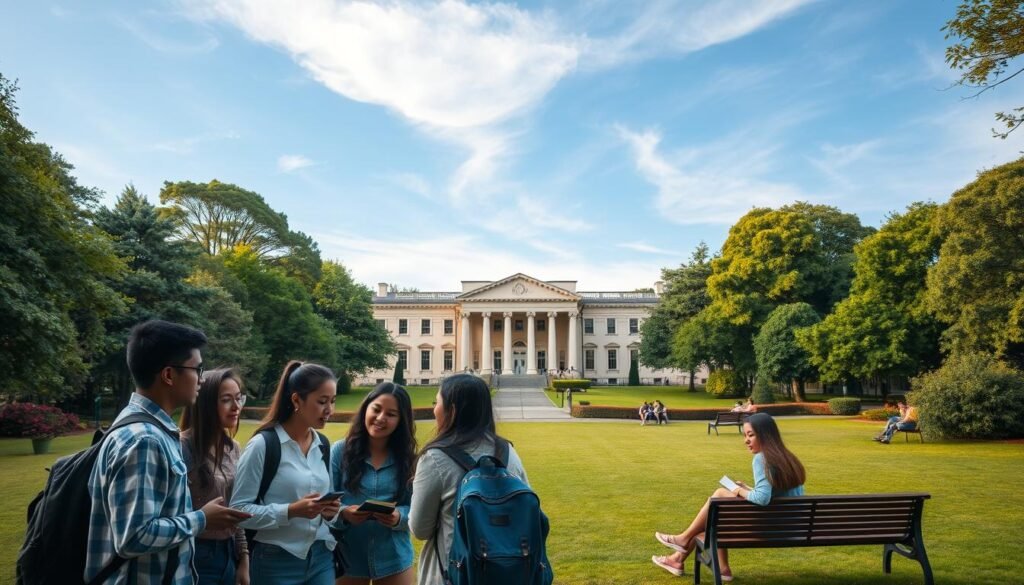 A serene university campus nestled amidst lush greenery, with a grand, neo-classical building in the center. In the foreground, a group of diverse students engrossed in animated discussion, their faces radiating a sense of opportunity and intellectual curiosity. The middle ground showcases a well-manicured lawn, where a few students relax on benches, studying or conversing. In the background, a clear blue sky with wispy clouds, creating a tranquil, aspirational atmosphere. Warm, golden lighting illuminates the scene, conveying a sense of promise and personal growth associated with the pursuit of higher education through a coveted scholarship.