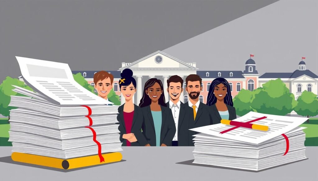 A sleek, modern illustration showcasing the key components of an elite scholarship program. In the foreground, a stack of official documents and forms, conveying the administrative details. In the middle ground, a group of diverse, accomplished students, their faces radiating pride and determination. In the background, a stylized university campus, with stately buildings and lush greenery, symbolizing the academic environment. The lighting is crisp and professional, with a subtle play of shadows highlighting the program's structure and prestige. The overall mood is one of excellence, opportunity, and the transformative power of higher education.