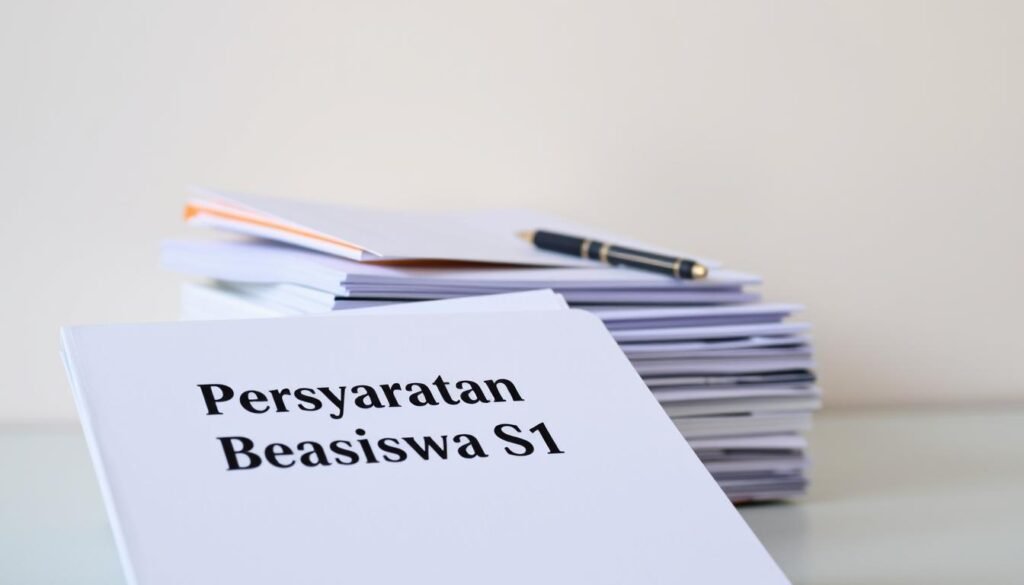 A stack of college application documents and forms against a neutral background. The foreground displays a folder with the words "Persyaratan Beasiswa S1" printed on the cover in a professional font, conveying the importance of the scholarship requirements. The middle ground features various papers, envelopes, and a pen, suggesting the preparatory work involved. The background is softly blurred, creating a sense of focus on the key elements. The lighting is natural and diffused, creating subtle shadows and highlights that add depth and dimensionality to the scene. The overall mood is one of organization, attention to detail, and the seriousness of the scholarship application process.