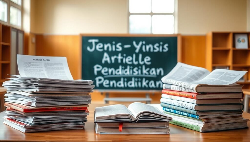 A vibrant and educational composition showcasing various types of articles on education. In the foreground, a stack of papers and books, each representing a distinct genre - research paper, op-ed, news article, and academic journal. The middle ground features a chalkboard or whiteboard with the section title "Jenis-Jenis Artikel Pendidikan" written in chalk. The background is a warm, soft-focused classroom setting, with desks, chairs, and a window letting in natural light. The overall mood is one of scholarly exploration and the pursuit of knowledge, with a touch of academic ambiance.