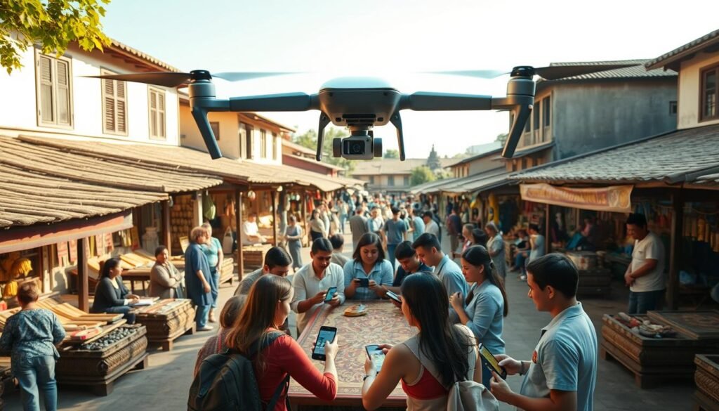 A vibrant, sun-dappled village square, bustling with local residents sharing their traditional crafts and wares on handcrafted wooden stalls. In the center, a group of young people gathers around a large, ornately decorated table, eagerly discussing and documenting their experiences on their smartphones, their faces illuminated by the warm glow of their screens. Overhead, a drone captures the lively scene, its sleek, modern silhouette contrasting with the rustic, timeless architecture that surrounds it. The image conveys a harmonious blend of old and new, as digital technology seamlessly integrates with age-old cultural traditions, showcasing the powerful role of social media in amplifying and preserving local heritage.