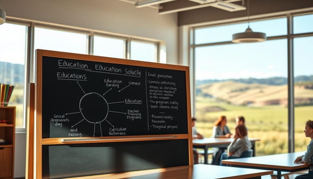 A well-lit classroom with a chalkboard prominently displayed in the foreground. On the chalkboard, a diagram illustrating various education policy solutions, such as increased funding, teacher training programs, and curriculum reforms. In the middle ground, students engaged in lively discussions, their faces lit by natural light streaming through large windows. The background features a scenic landscape of rolling hills and a clear blue sky, symbolizing the promise of a brighter educational future. The scene conveys a sense of optimism, collaboration, and a methodical approach to addressing the challenges in the education system.