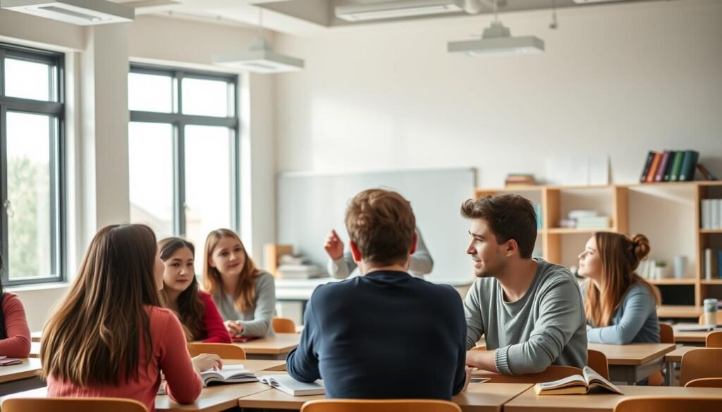 A well-lit, high-resolution image of a modern educational classroom, with large windows letting in natural light. The room has light-colored walls, comfortable desks, and a whiteboard or smartboard at the front. In the foreground, a group of diverse students, aged 16-18, are engaged in a lively discussion, their expressions thoughtful and attentive. In the middle ground, the teacher, a kind-looking individual, is facilitating the conversation, gesturing to emphasize a point. The background features educational materials, such as textbooks, reference books, and learning aids, suggesting a nurturing and stimulating learning environment. The overall atmosphere is one of intellectual curiosity and academic rigor, capturing the essence of an educational article for high school students.