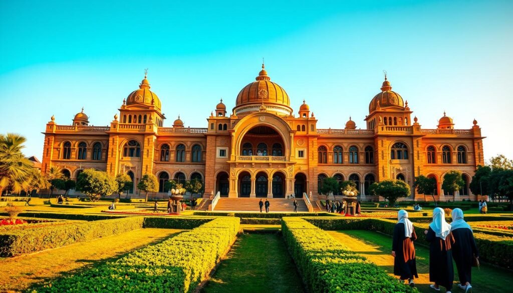 An ornate, grand campus building with a stunning Islamic architectural style, featuring domes, arches, and intricate stone carvings. The structure is illuminated by warm, golden sunlight, casting long shadows and highlighting the intricate details. In the foreground, a lush, well-manicured garden with neatly trimmed hedges and vibrant flowers. Students in traditional Islamic dress can be seen strolling through the grounds, exuding a sense of academic excellence and cultural richness. The background features a clear, azure sky, creating a serene and awe-inspiring atmosphere befitting the prestigious "Universitas Islam Internasional Dalwa" and its achievements.