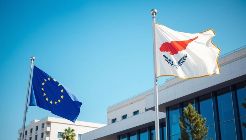 Bendera Uni Eropa dan Siprus berkibar di depan gedung pemerintahan di Nicosia, menunjukkan integrasi Siprus ke dalam UE