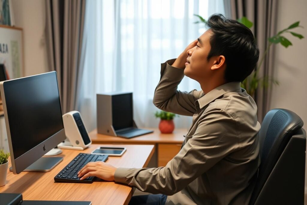 Demonstrasi peregangan leher dan bahu yang benar saat WFH Demonstrasi peregangan leher dan bahu yang benar saat WFH
