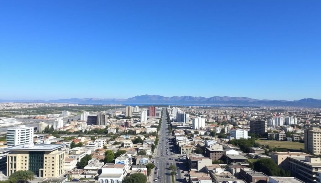 Panorama kota Nicosia yang menunjukkan garis pemisah antara utara dan selatan, simbolisasi tantangan dan harapan untuk Stabilitas Siprus dan Diplomasi Eropa