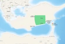 Peta Siprus menunjukkan posisi strategis di Mediterania Timur dengan zona penyangga PBB