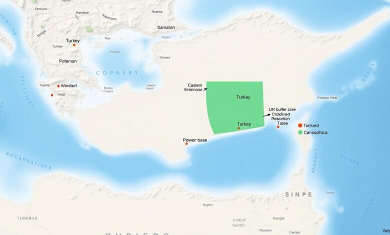 Peta Siprus menunjukkan posisi strategis di Mediterania Timur dengan zona penyangga PBB