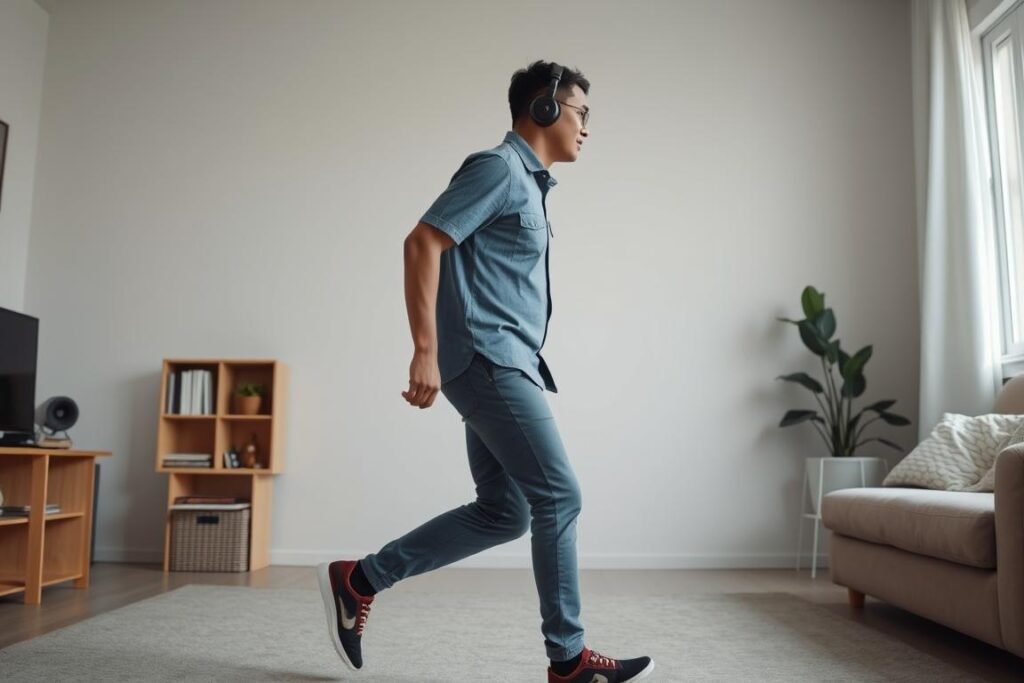Seseorang berjalan di tempat sambil mengikuti rapat virtual Seseorang berjalan di tempat sambil mengikuti rapat virtual