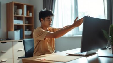 Seseorang melakukan peregangan ringan di meja kerja saat WFH
