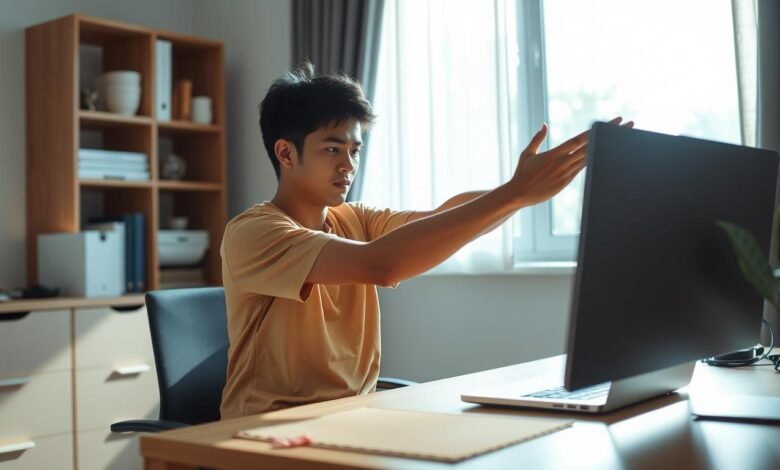 Seseorang melakukan peregangan ringan di meja kerja saat WFH