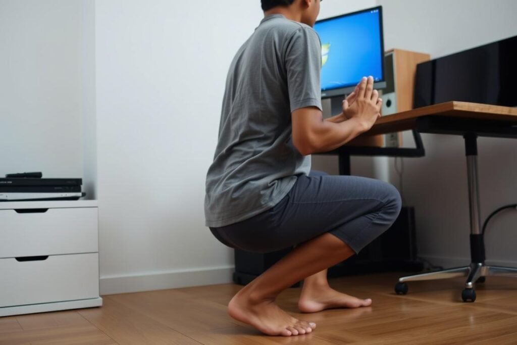 Teknik squat sederhana yang bisa dilakukan di samping meja kerja Teknik squat sederhana yang bisa dilakukan di samping meja kerja