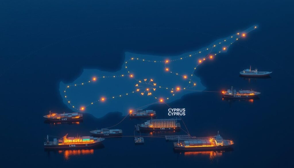 Visualisasi konseptual Siprus yang bersatu dengan infrastruktur energi modern sebagai hub regional