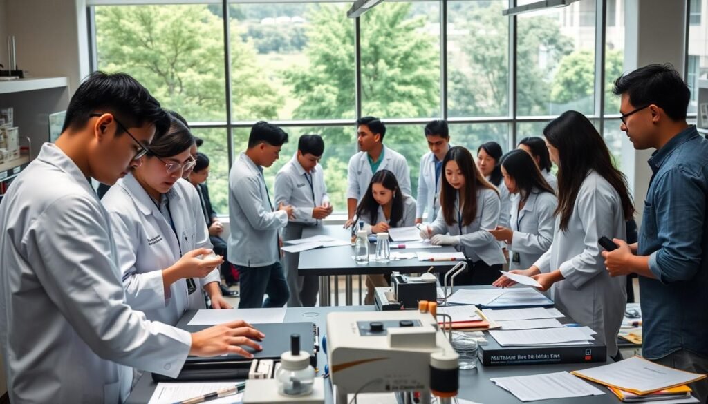 A collaborative research session in a modern university lab. In the foreground, two researchers in white lab coats huddle over a workbench, examining samples under the glow of high-tech equipment. In the middle ground, a diverse group of students and professors discuss findings, papers scattered across the tables. The background reveals floor-to-ceiling windows overlooking a verdant campus, natural light streaming in. The atmosphere is one of focused intensity, intellectual curiosity, and cross-cultural exchange - a visually compelling representation of the "Riset Bersama" program.