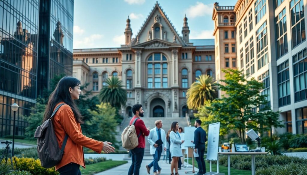 A modern, well-equipped university campus with towering buildings, glass facades, and lush greenery. In the foreground, two students from different cultural backgrounds shake hands, symbolizing the international collaboration. The middle ground showcases a group of researchers engaged in animated discussion, surrounded by scientific equipment and whiteboards. In the background, a grand, stately structure with intricate architectural details represents the prestige and heritage of the institutions. Warm, natural lighting illuminates the scene, creating a welcoming and scholarly atmosphere.