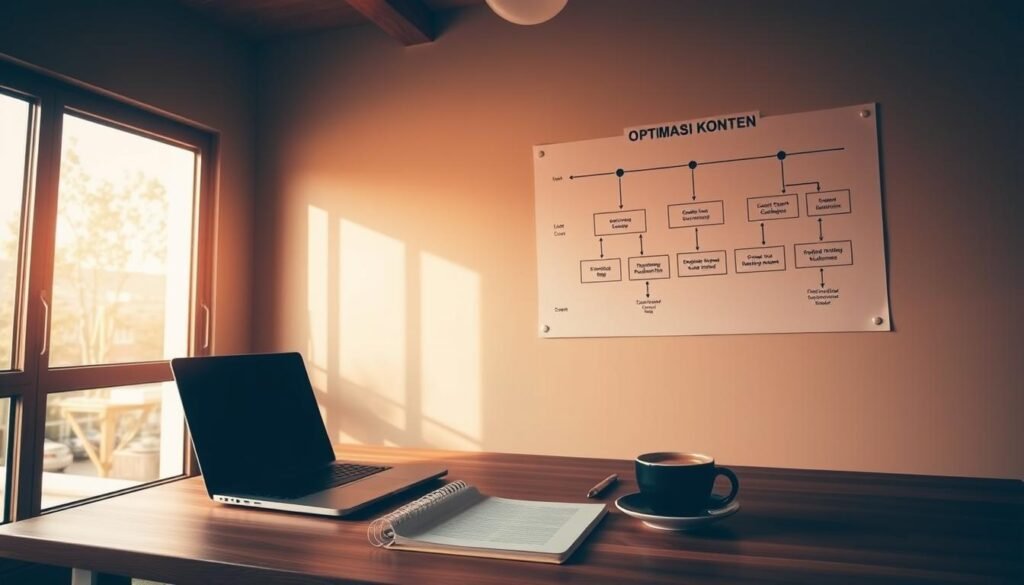 A serene workspace with a laptop, notepad, and a cup of coffee on a clean wooden desk. The scene is bathed in warm, natural lighting filtering through a large window, casting a soft glow. On the wall, a minimalist diagram illustrates the concept of "Optimasi Konten" - a visual guide to content optimization strategies. The overall atmosphere is one of focus, productivity, and a sense of progress towards a goal.