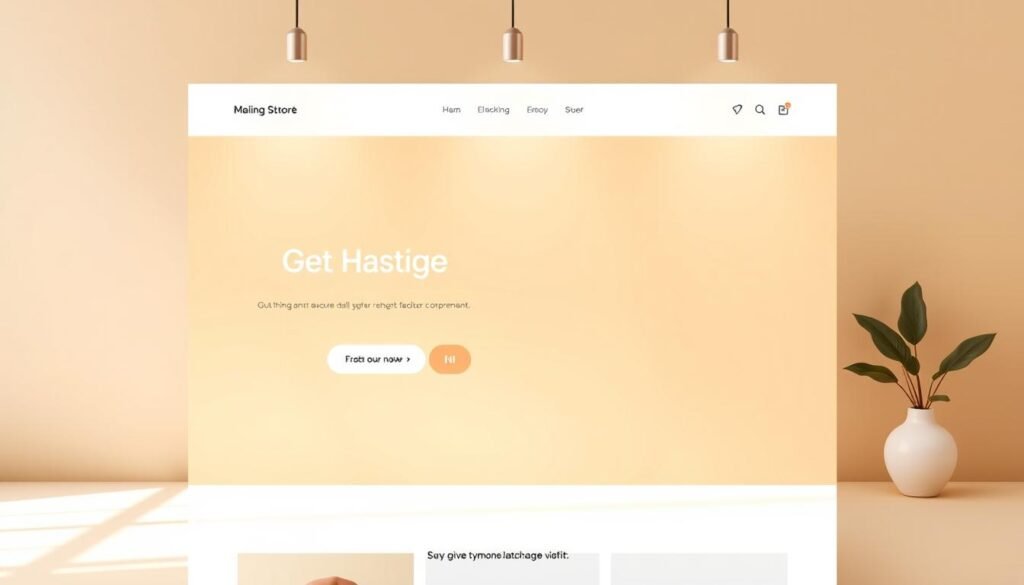A sleek and modern online store website with a clean, minimalist design. The homepage features a large, high-quality product image in the center, surrounded by a minimalist layout with clear call-to-action buttons, intuitive navigation, and subtle branding elements. The background is a soft, neutral tone that creates a calming and professional atmosphere. Warm, natural lighting from overhead casts a gentle glow on the website, giving it a welcoming and inviting feel. The overall composition is well-balanced, with a focus on showcasing the products in an elegant and visually appealing manner.