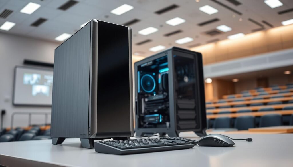 A sleek, modern computer system with a minimalist design. The foreground features a desktop computer with a large, high-resolution display, a slim, brushed-metal chassis, and a ergonomic keyboard and mouse. The middle ground showcases various computer components like a powerful graphics card, a cooling system, and an advanced motherboard, all meticulously crafted with precision engineering. The background depicts a clean, well-lit university lecture hall, with subtle hints of technological advancements such as smart whiteboards and projection screens. The overall atmosphere conveys a sense of cutting-edge academia, where state-of-the-art computer systems enable innovative research and education.
