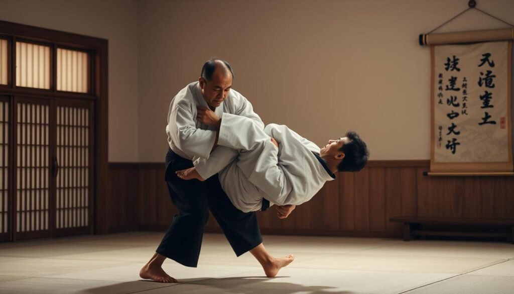 A tranquil dojo interior, the muted light filtering through paper-screen doors, casts a warm glow on two judo practitioners engaged in a carefully choreographed grappling technique. Their movements are fluid and precise, each partner mindful of the other's safety as they execute the throw with control and balance. The atmosphere is one of focus and discipline, the practitioners' expressions serene yet alert, demonstrating the importance of judo's core principle: maximizing efficiency while minimizing effort. In the background, a wall scroll displays the art's philosophical tenets, serving as a subtle reminder of the deeper lessons inherent in this martial practice.