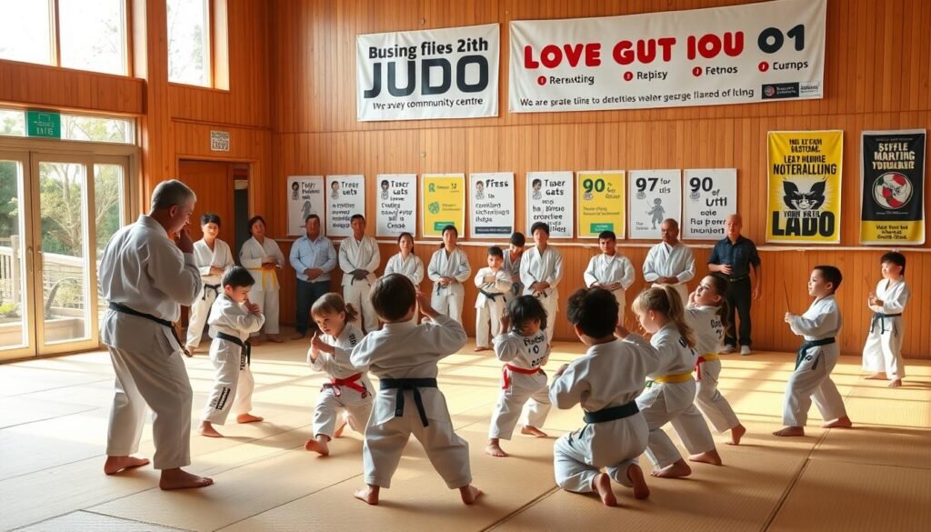 A vibrant and energetic scene of a judo class for children, set in a well-equipped community center. In the foreground, a group of young students, dressed in traditional judo uniforms, practice their throws and grappling techniques under the watchful eye of a patient and experienced instructor. Warm, natural lighting filters in through large windows, casting a glow on the tatami mats and creating a welcoming atmosphere. In the middle ground, parents and guardians observe the class, some taking notes, others cheering on their children. The background features motivational posters and banners promoting the benefits of judo, such as discipline, self-defense, and physical fitness. The overall mood is one of enthusiasm, community, and a shared passion for the sport.