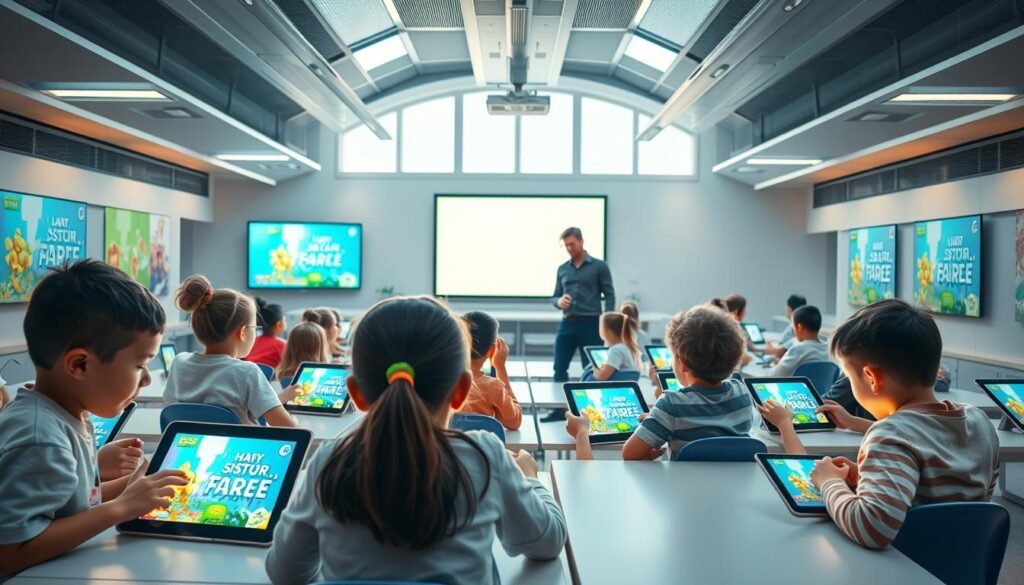 A vibrant, gamified classroom scene set in a modern, digitally-enhanced learning environment. In the foreground, students enthusiastically engage with interactive, game-like educational apps on their tablets, their faces lit by the soft, warm glow of the screens. In the middle ground, the teacher moves among the students, guiding and encouraging their exploration of the gamified content. The background features a visually striking, futuristic classroom design with sleek, minimalist furniture, large display screens, and an abundance of natural light streaming in through large windows. The overall atmosphere is one of excitement, collaboration, and a sense of discovery as the students learn through the innovative, game-based approach. A vibrant, gamified classroom scene set in a modern, digitally-enhanced learning environment. In the foreground, students enthusiastically engage with interactive, game-like educational apps on their tablets, their faces lit by the soft, warm glow of the screens. In the middle ground, the teacher moves among the students, guiding and encouraging their exploration of the gamified content. The background features a visually striking, futuristic classroom design with sleek, minimalist furniture, large display screens, and an abundance of natural light streaming in through large windows. The overall atmosphere is one of excitement, collaboration, and a sense of discovery as the students learn through the innovative, game-based approach.