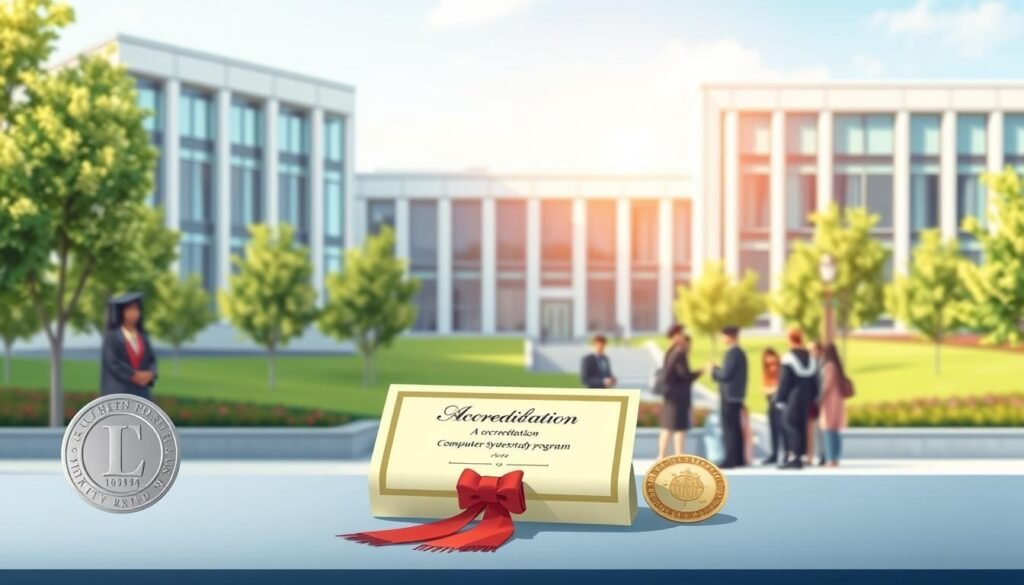 A well-lit, high-resolution illustration depicting the accreditation process for a computer systems study program. In the foreground, a diploma or certificate representing the accreditation, surrounded by academic regalia and official seals. In the middle ground, a group of professors, administrators, and students gathered in a university setting, engaged in discussion. In the background, a modern campus building with clean architectural lines and large windows, symbolizing the program's vision and mission. The scene conveys a sense of academic prestige, institutional credibility, and student-centered focus.