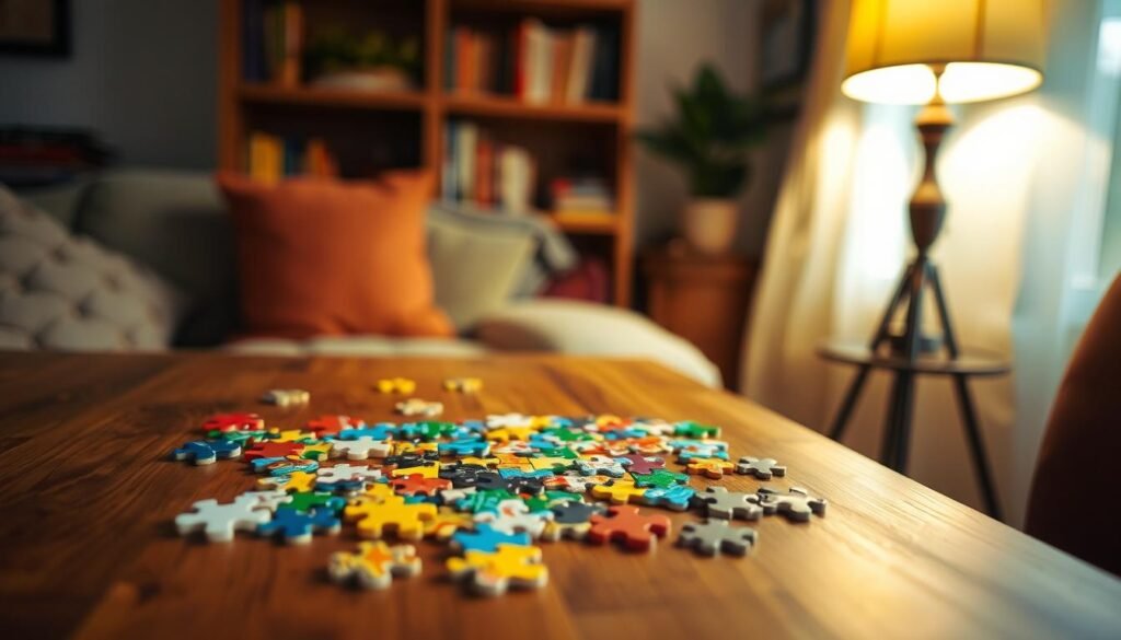 A cozy indoor setting with a wooden table in the foreground, showcasing a vibrant jigsaw puzzle in the process of being solved. The puzzle pieces are colorful, with varying shapes and patterns, creating an engaging visual. Soft, warm lighting from a nearby lamp casts a gentle glow, setting a relaxed and inviting atmosphere. In the background, a bookshelf or other subtle decor elements provide a sense of comfort and homeliness. The overall composition emphasizes the simple, yet captivating nature of the "puzzle ringan" experience, making it an ideal representation for the article's section on lightweight, engaging offline games. A cozy indoor setting with a wooden table in the foreground, showcasing a vibrant jigsaw puzzle in the process of being solved. The puzzle pieces are colorful, with varying shapes and patterns, creating an engaging visual. Soft, warm lighting from a nearby lamp casts a gentle glow, setting a relaxed and inviting atmosphere. In the background, a bookshelf or other subtle decor elements provide a sense of comfort and homeliness. The overall composition emphasizes the simple, yet captivating nature of the "puzzle ringan" experience, making it an ideal representation for the article's section on lightweight, engaging offline games.