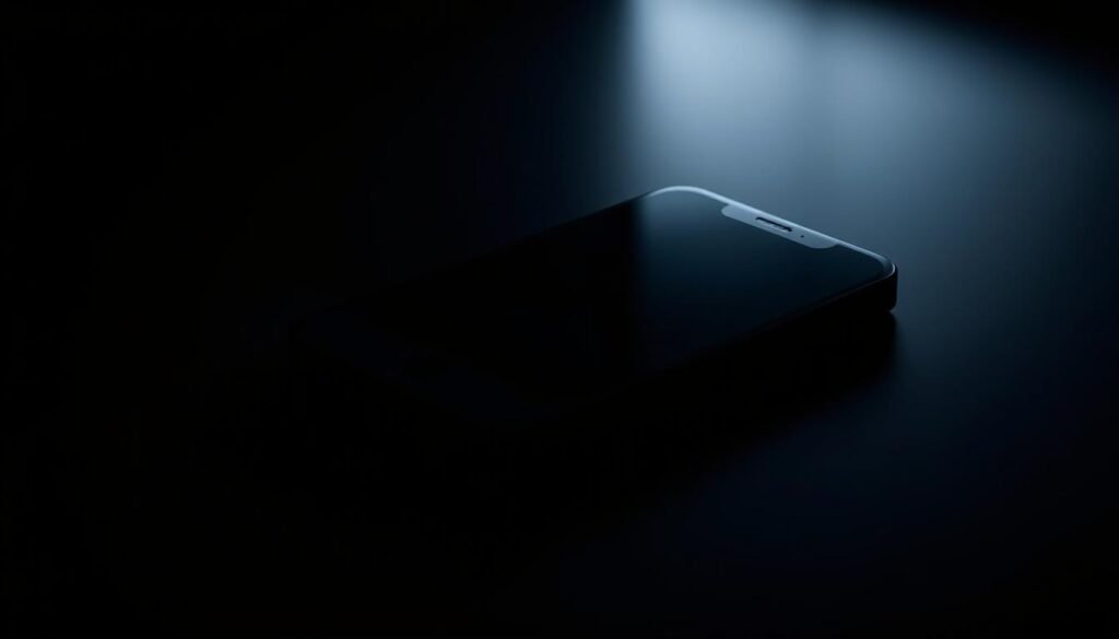 A dimly lit iPhone 15 screen, the display illuminated by a soft, ambient glow. The interface is minimalist, with a focus on the Always-On Display and a dynamic, dark wallpaper that extends to the edges, creating an immersive, full-screen experience. The scene is captured with a cinematic, low-angle perspective, emphasizing the device's sleek, modern design. The lighting is atmospheric, casting subtle shadows and highlights that accentuate the phone's physicality. The overall mood is one of sophistication, elegance, and technological refinement.