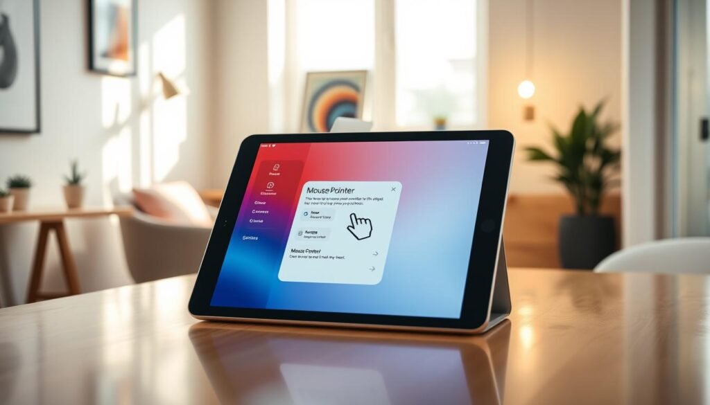 A modern and sleek iPad displaying the iOS 18 interface with a highlighted Mouse Pointer setting. In the foreground, the iPad is the central focus, with a visually engaging mouse pointer icon clearly visible, symbolizing remote control capabilities. The middle ground features a cozy workspace environment, with a stylish desk, a comfortable chair, and minimalistic decor elements that reflect a tech-savvy ambiance. In the background, soft natural lighting filters through a window, creating a warm atmosphere, accentuated by the reflection of the iPad screen on the polished desk surface. The image should have a clean, professional look, emphasizing innovation and usability, with a slightly blurred depth of field to keep attention on the iPad and the mouse pointer feature.