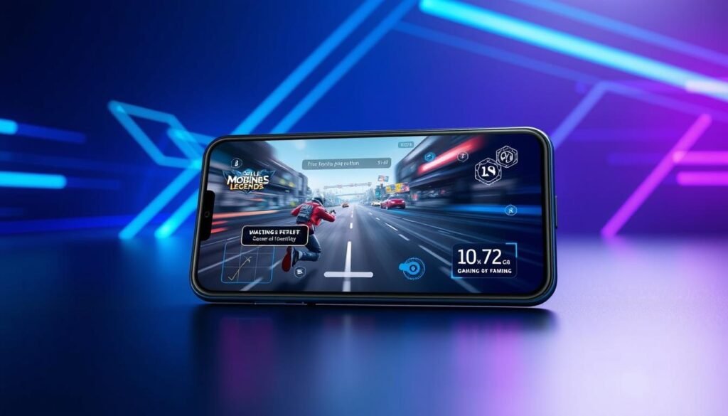 A modern smartphone showcasing the exclusive gaming features of the Poco F8 Pro, set against a sleek, minimalistic gaming-themed background. The foreground captures the phone at an angle, emphasizing its vibrant screen displaying high-quality graphics from the game "Mobile Legends." The middle layer includes subtle elements like glowing game icons and performance stats that highlight the phone’s optimization for gaming. The background features abstract digital designs, suggesting speed and innovation, with cool blue and purple lighting to create a dynamic mood. The image should have a focus on clarity and detail, with a slight blurriness in the background to enhance the subject's prominence, embodying a high-tech atmosphere perfect for a gaming experience. A modern smartphone showcasing the exclusive gaming features of the Poco F8 Pro, set against a sleek, minimalistic gaming-themed background. The foreground captures the phone at an angle, emphasizing its vibrant screen displaying high-quality graphics from the game "Mobile Legends." The middle layer includes subtle elements like glowing game icons and performance stats that highlight the phone’s optimization for gaming. The background features abstract digital designs, suggesting speed and innovation, with cool blue and purple lighting to create a dynamic mood. The image should have a focus on clarity and detail, with a slight blurriness in the background to enhance the subject's prominence, embodying a high-tech atmosphere perfect for a gaming experience.