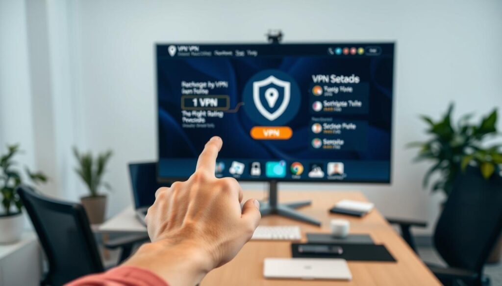 A serene, well-lit office setting with a large monitor displaying a VPN interface. In the foreground, a person's hand confidently interacts with the VPN app, showcasing its user-friendly design. The middle ground features a desk with a laptop, phone, and other productivity tools, conveying a sense of secure and efficient remote work. The background softly blurs, emphasizing the VPN's role in providing a safe, private, and reliable connection for the user's daily online activities in Indonesia.