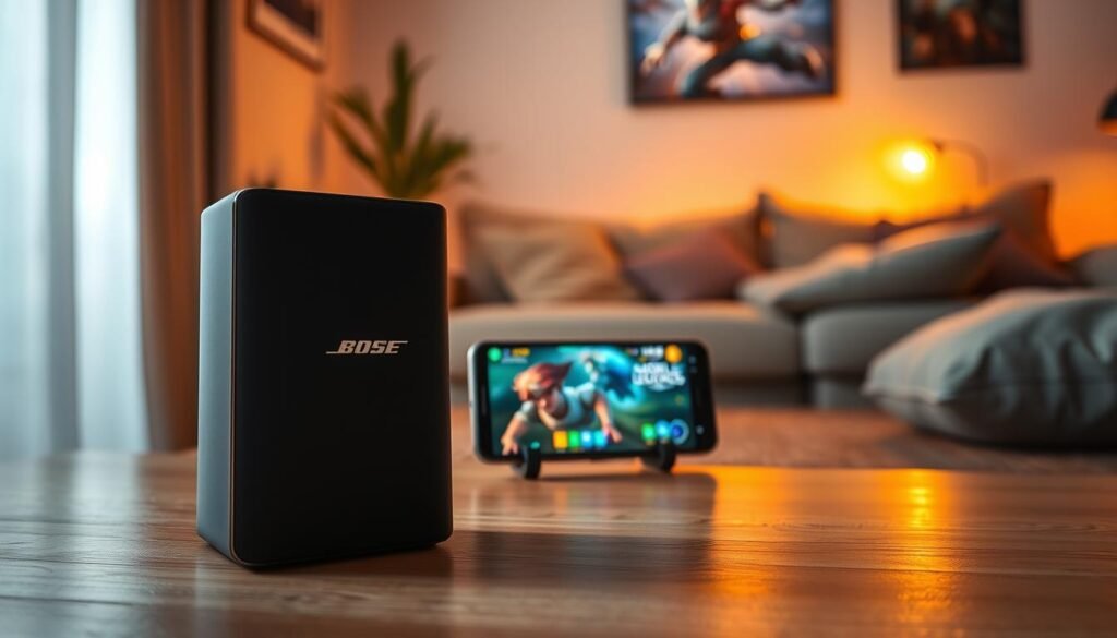 A sleek and modern Bose audio system, prominently displayed in the foreground, capturing its elegant design with smooth curves and polished surfaces. The Bose logo gleams subtly, highlighting its premium quality. In the middle ground, a Poco F8 Pro smartphone showcases its vibrant gaming interface, featuring "Mobile Legends" graphics, with a dynamic visual of a character in action. The background features a cozy gaming setup with soft ambient lighting, emphasizing a relaxed yet immersive atmosphere. The scene is illuminated with a warm glow, enhancing the colors and details. The angle is slightly tilted down to give a dynamic perspective, drawing the viewer into the immersive gaming experience. The overall mood is energetic and inviting, encapsulating the excitement of gaming with high-quality audio. A sleek and modern Bose audio system, prominently displayed in the foreground, capturing its elegant design with smooth curves and polished surfaces. The Bose logo gleams subtly, highlighting its premium quality. In the middle ground, a Poco F8 Pro smartphone showcases its vibrant gaming interface, featuring "Mobile Legends" graphics, with a dynamic visual of a character in action. The background features a cozy gaming setup with soft ambient lighting, emphasizing a relaxed yet immersive atmosphere. The scene is illuminated with a warm glow, enhancing the colors and details. The angle is slightly tilted down to give a dynamic perspective, drawing the viewer into the immersive gaming experience. The overall mood is energetic and inviting, encapsulating the excitement of gaming with high-quality audio.