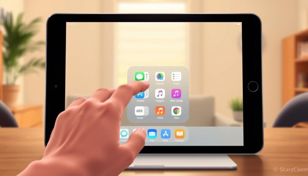 A sleek and modern digital illustration featuring an iOS device displaying the “Mouse Pointer” feature. In the foreground, focus on a hand gracefully interacting with the touchscreen, emphasizing the precision of control with the mouse pointer highlighted beside it. In the middle ground, include a subtle visual representation of the iOS interface showcasing various applications, like notes or a web browser, to hint at remote control capabilities. The background should be a softly blurred home office setting with warm lighting to create an inviting atmosphere. Use a slightly low angle to enhance the perspective, ensuring a sharp focus on the device and hand. Overall, the mood should be one of empowerment and efficiency, reflecting optimal usage tips for the mouse pointer feature.