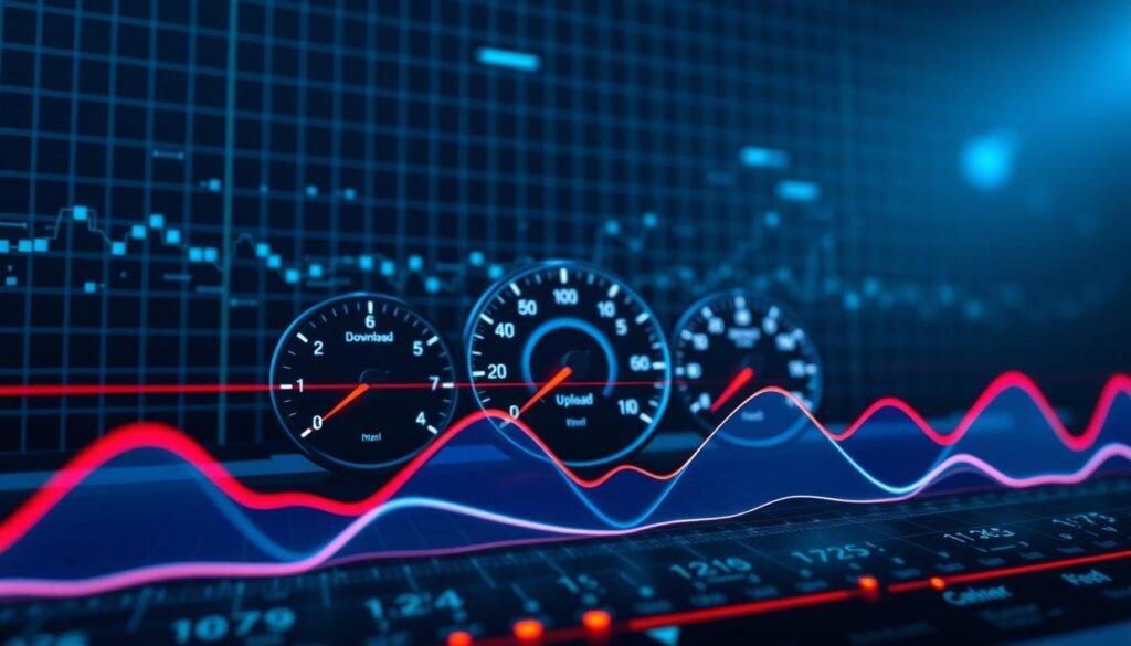 A sleek, high-tech interface showcasing real-time data on connection speeds. In the foreground, a dynamic line graph charts the fluctuating speeds, with bold colors and sharp edges conveying a sense of digital vitality. The middle ground features a series of speedometer-style gauges, each displaying a specific metric - download, upload, latency, jitter - their needles dancing in response to the network conditions. In the background, a subtle grid pattern suggests the underlying infrastructure, while cool blue tones and subtle lens flares evoke a sense of cutting-edge technology. Subtle lighting from the side casts shadows that add depth and dimensionality to the scene, creating an immersive, data-driven visualization.