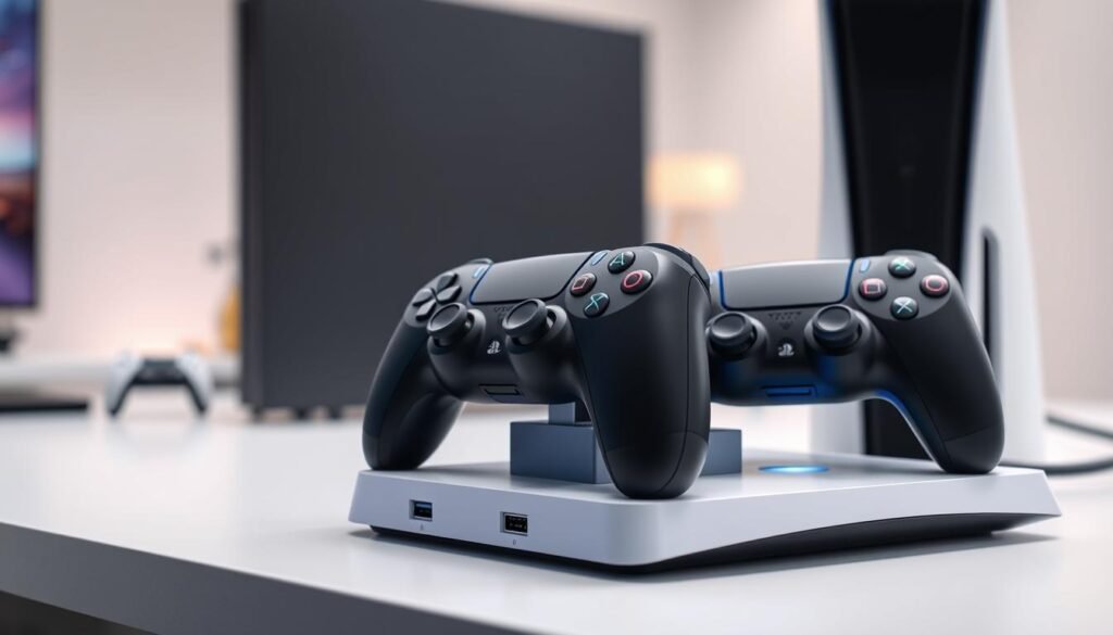 A close-up view of a DualSense Charging Station for the PS5, showcasing its USB ports and AC adapter options. The foreground should highlight the sleek design of the charging station, with two DualSense controllers placed on it, indicating fast charging capabilities. In the middle ground, a well-lit environment features gaming-related elements such as a PS5 console partially visible. The background should be softly blurred to emphasize the charging station, while maintaining a modern gaming setting. Use neutral, soft lighting to create a professional ambiance, with a focus on details like textured surfaces and LED indicators. The overall atmosphere should convey efficiency and advanced technology in a gaming context. A close-up view of a DualSense Charging Station for the PS5, showcasing its USB ports and AC adapter options. The foreground should highlight the sleek design of the charging station, with two DualSense controllers placed on it, indicating fast charging capabilities. In the middle ground, a well-lit environment features gaming-related elements such as a PS5 console partially visible. The background should be softly blurred to emphasize the charging station, while maintaining a modern gaming setting. Use neutral, soft lighting to create a professional ambiance, with a focus on details like textured surfaces and LED indicators. The overall atmosphere should convey efficiency and advanced technology in a gaming context.