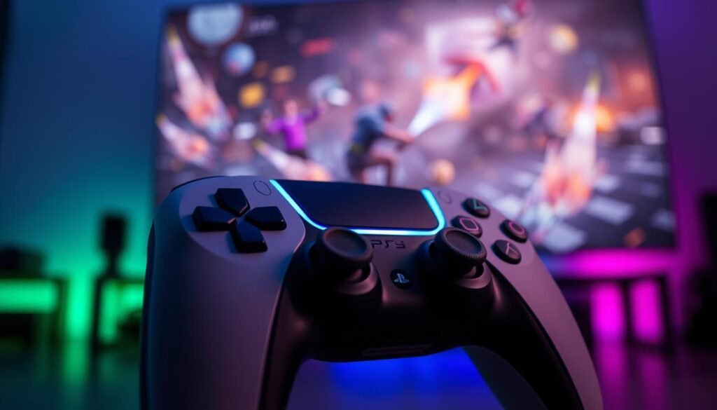 A close-up view of a PlayStation 5 DualSense controller, prominently displayed in the foreground, showcasing its vibrant RGB light bar reacting dynamically to an intense gaming scene. In the middle, a blurred background depicts a modern gaming setup with a large screen displaying an action-packed game filled with colorful graphics and effects, enhancing the controller's interaction with the game. The lighting is dramatic, casting soft glows and reflections that accentuate the controller's sleek design. The angle is slightly tilted, drawing attention to the light bar's vivid colors, creating an immersive and energetic atmosphere that captures the excitement of gaming. A close-up view of a PlayStation 5 DualSense controller, prominently displayed in the foreground, showcasing its vibrant RGB light bar reacting dynamically to an intense gaming scene. In the middle, a blurred background depicts a modern gaming setup with a large screen displaying an action-packed game filled with colorful graphics and effects, enhancing the controller's interaction with the game. The lighting is dramatic, casting soft glows and reflections that accentuate the controller's sleek design. The angle is slightly tilted, drawing attention to the light bar's vivid colors, creating an immersive and energetic atmosphere that captures the excitement of gaming.