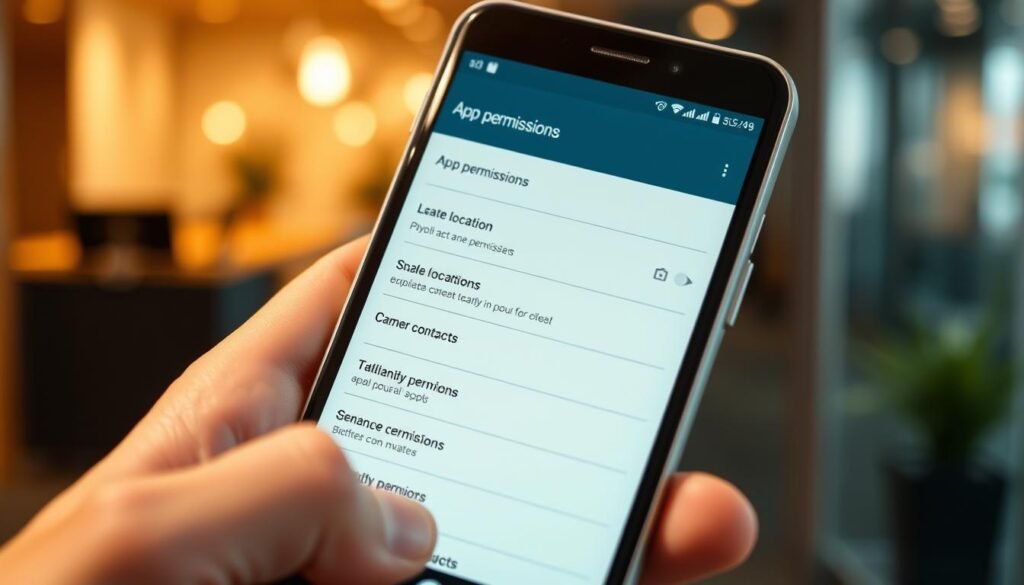 A close-up view of a smartphone displaying an Android app permissions menu, showcasing various categories like location, camera, and contacts. In the foreground, the hand of a person in professional business attire is interacting with the screen, tapping on different permission options. In the middle ground, blurred icons of popular apps can be seen, slightly illuminated for emphasis. The background is softly out of focus, featuring modern tech-themed decor, creating a sleek and professional atmosphere. The lighting is warm and inviting, highlighting the device's screen while maintaining a balanced brightness that enhances readability. The overall mood suggests a thoughtful approach to managing app permissions, illustrating the balance between privacy and convenience.