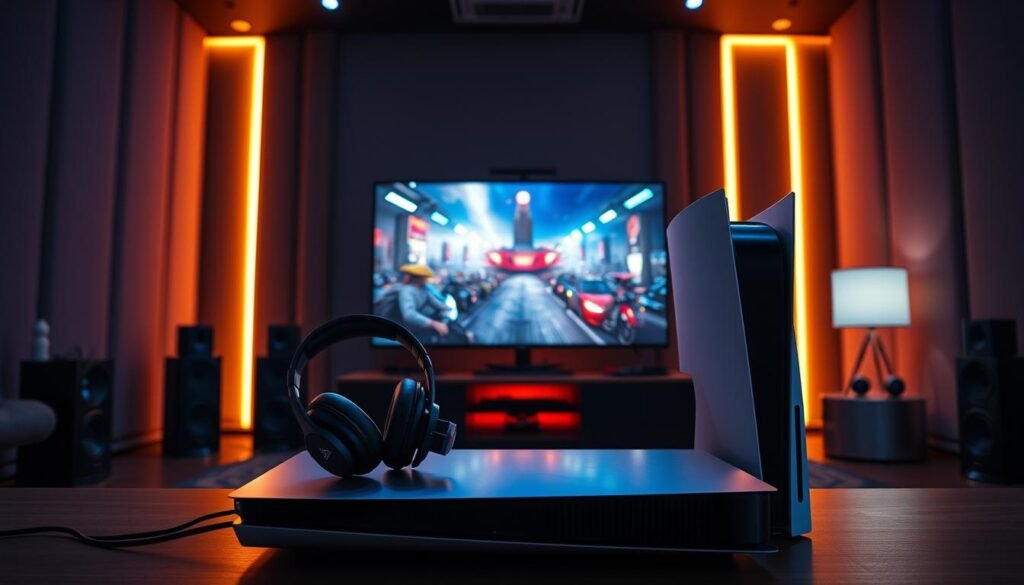 A detailed and visually appealing setup of a PlayStation 5 gaming station featuring Dolby Atmos. In the foreground, showcase the PS5 console with sleek design and modern gaming accessories, including a high-end headset and an immersive soundbar. In the middle ground, highlight an elegant TV displaying a cinematic gaming scene, with vibrant colors and dynamic lighting that creates a dramatic atmosphere. The background should include a cozy gaming room, decorated with sound-absorbing panels and soft ambient lighting, creating a perfect audio-visual experience. The overall mood is exciting and futuristic, evoking a sense of high-quality gaming and audio technology, with a warm glow accentuating the space for an inviting effect. A detailed and visually appealing setup of a PlayStation 5 gaming station featuring Dolby Atmos. In the foreground, showcase the PS5 console with sleek design and modern gaming accessories, including a high-end headset and an immersive soundbar. In the middle ground, highlight an elegant TV displaying a cinematic gaming scene, with vibrant colors and dynamic lighting that creates a dramatic atmosphere. The background should include a cozy gaming room, decorated with sound-absorbing panels and soft ambient lighting, creating a perfect audio-visual experience. The overall mood is exciting and futuristic, evoking a sense of high-quality gaming and audio technology, with a warm glow accentuating the space for an inviting effect.